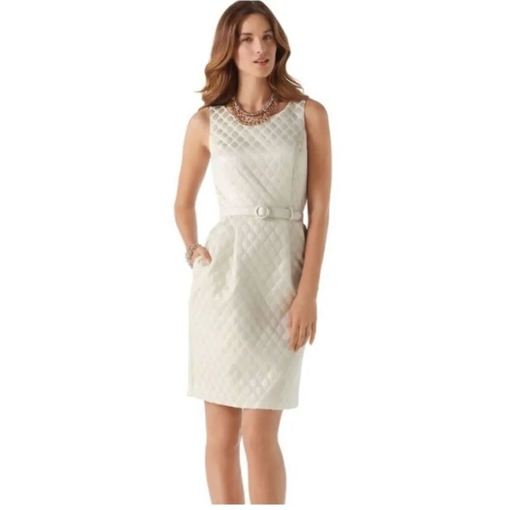 White House Black Market champagne metallic jacquard diamond Dress size 6 NWT
